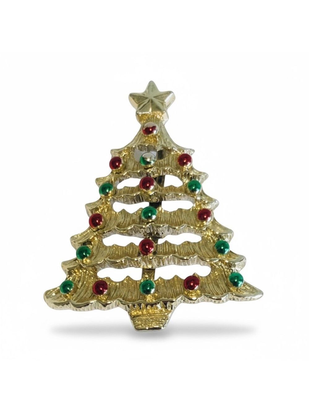 Avon 1992 or 1993 Vintage Christmas Tree Brooch Pin with Star Red Green Bulbs